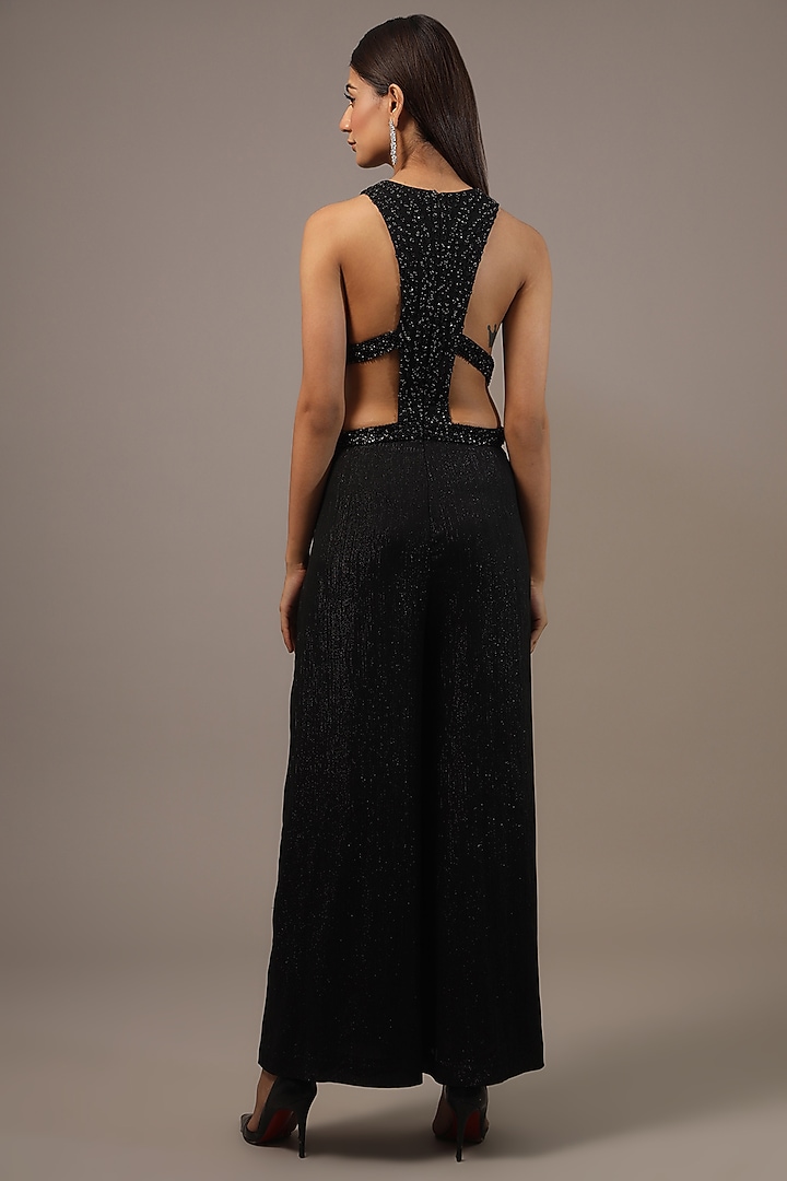 Black Stripe Chiffon Embellished Jumpsuit by Rohit Gandhi & Rahul Khanna at Pernia's Pop Up Shop