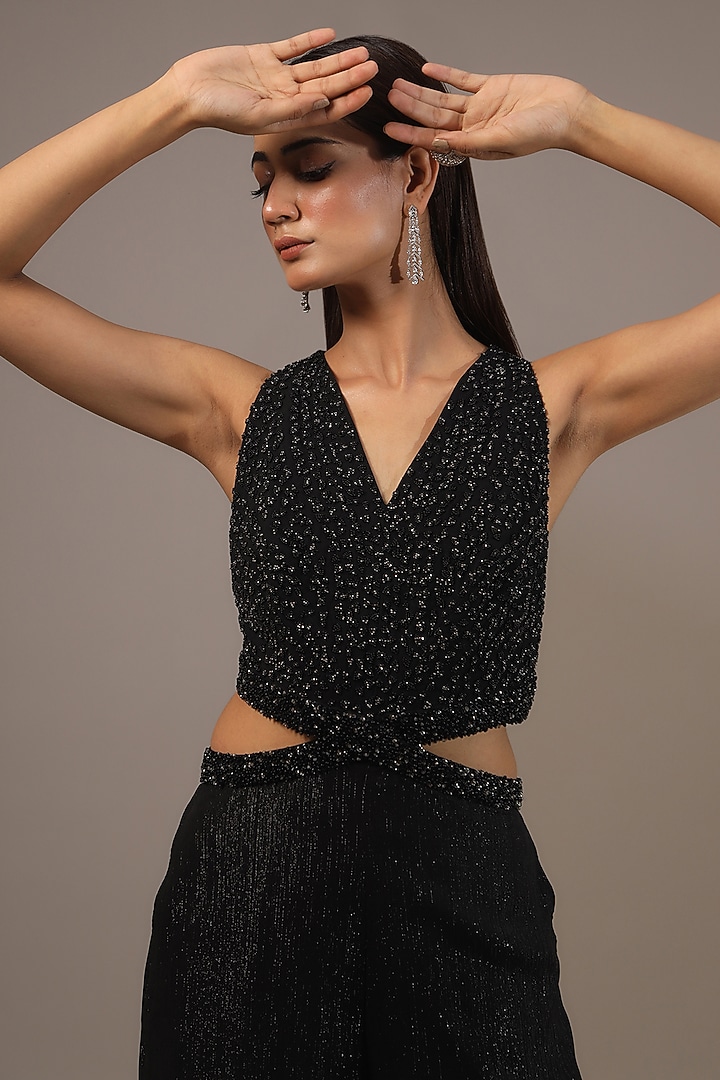 Black Stripe Chiffon Embellished Jumpsuit by Rohit Gandhi & Rahul Khanna at Pernia's Pop Up Shop