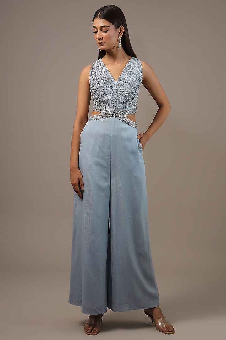 Sky Blue Stripe Chiffon Embellished Jumpsuit by Rohit Gandhi & Rahul Khanna