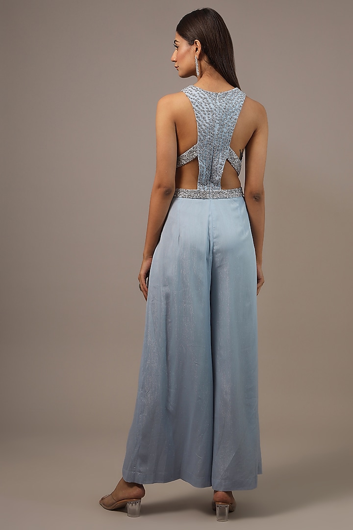 Sky Blue Stripe Chiffon Embellished Jumpsuit by Rohit Gandhi & Rahul Khanna at Pernia's Pop Up Shop