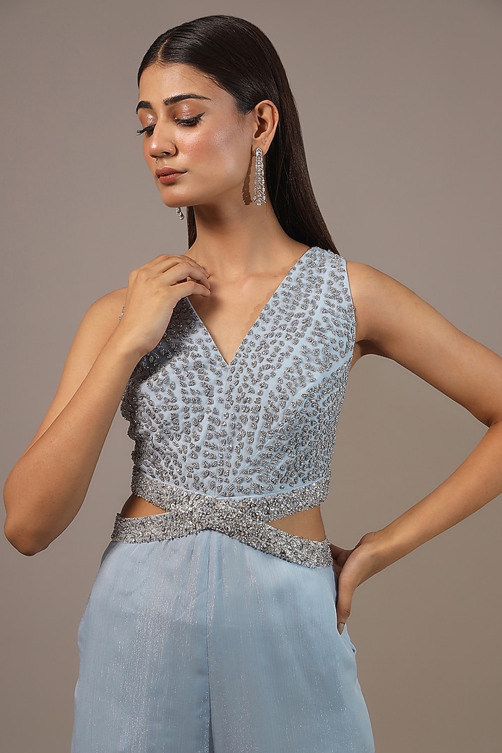 Sky Blue Stripe Chiffon Embellished Jumpsuit by Rohit Gandhi & Rahul Khanna at Pernia's Pop Up Shop