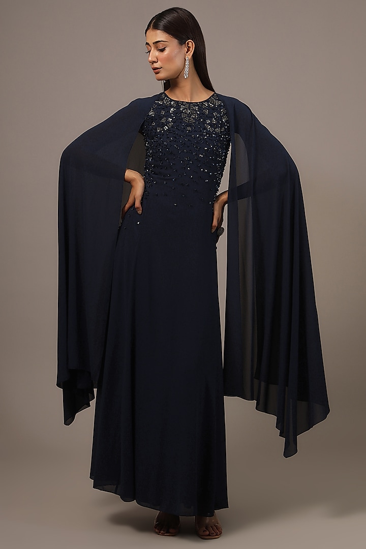 Navy Blue Viscose Embellished Gown by Rohit Gandhi & Rahul Khanna at Pernia's Pop Up Shop