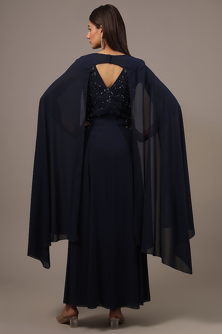 Navy Blue Viscose Embellished Engagement Gown by Rohit Gandhi & Rahul Khanna at Pernia's Pop Up Shop