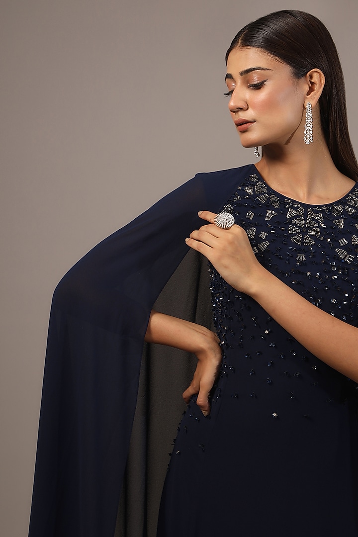 Navy Blue Viscose Embellished Engagement Gown by Rohit Gandhi & Rahul Khanna at Pernia's Pop Up Shop