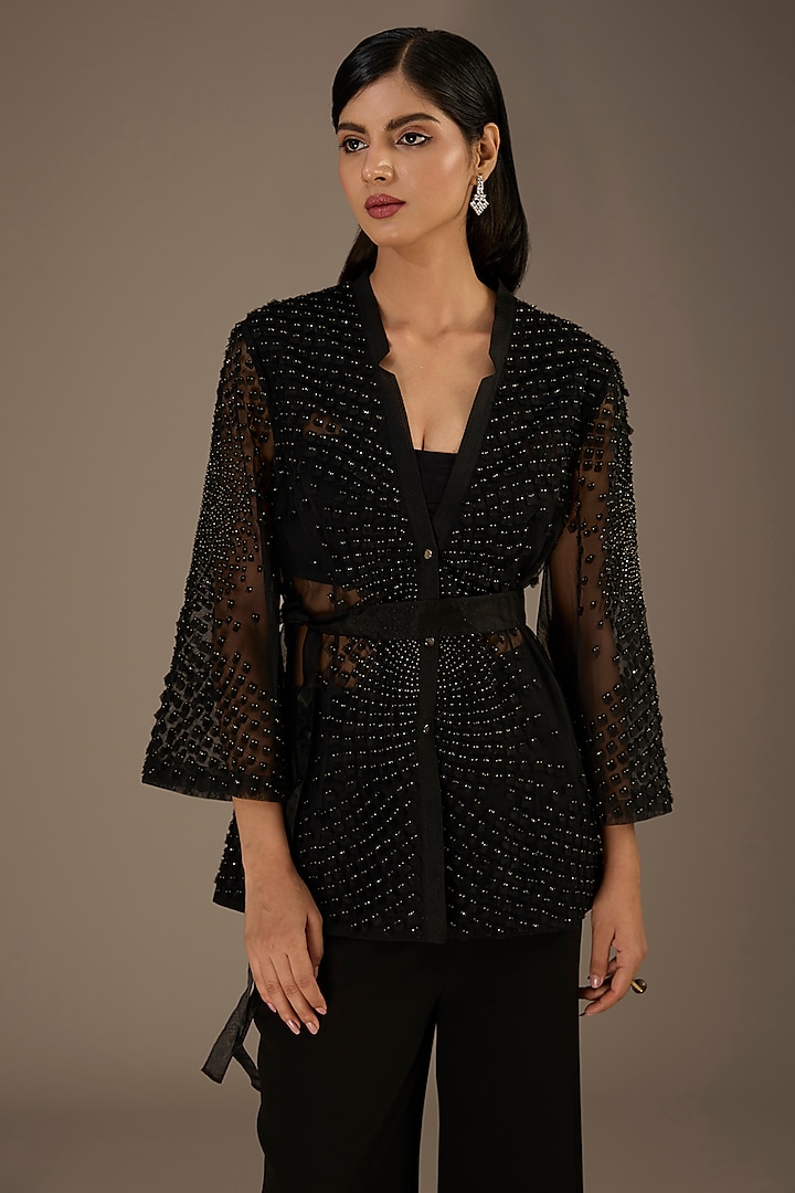 Black Organza Crystal Embroidered Jacket by Rohit Gandhi & Rahul Khanna at Pernia's Pop Up Shop