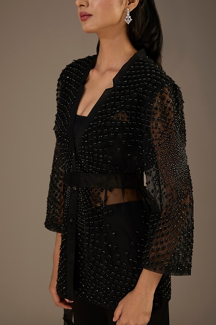 Black Organza Crystal Embroidered Jacket by Rohit Gandhi & Rahul Khanna at Pernia's Pop Up Shop