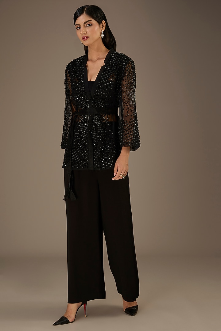 Black Organza Crystal Embroidered Jacket by Rohit Gandhi & Rahul Khanna at Pernia's Pop Up Shop