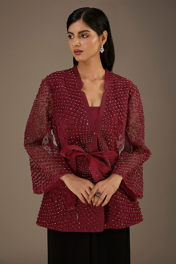 Red Organza Crystal Embroidered Jacket by Rohit Gandhi & Rahul Khanna at Pernia's Pop Up Shop