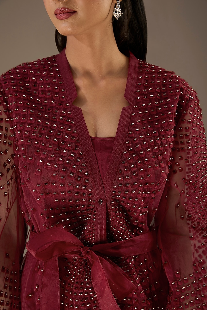 Red Organza Crystal Embroidered Jacket by Rohit Gandhi & Rahul Khanna at Pernia's Pop Up Shop