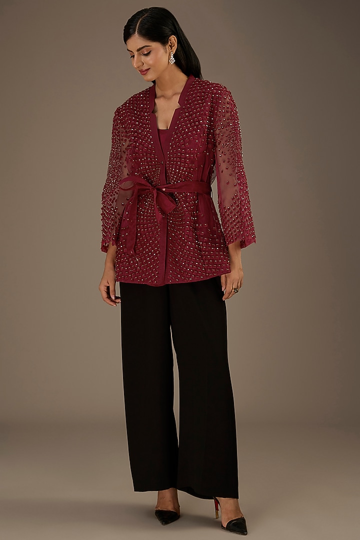 Red Organza Crystal Embroidered Jacket by Rohit Gandhi & Rahul Khanna at Pernia's Pop Up Shop