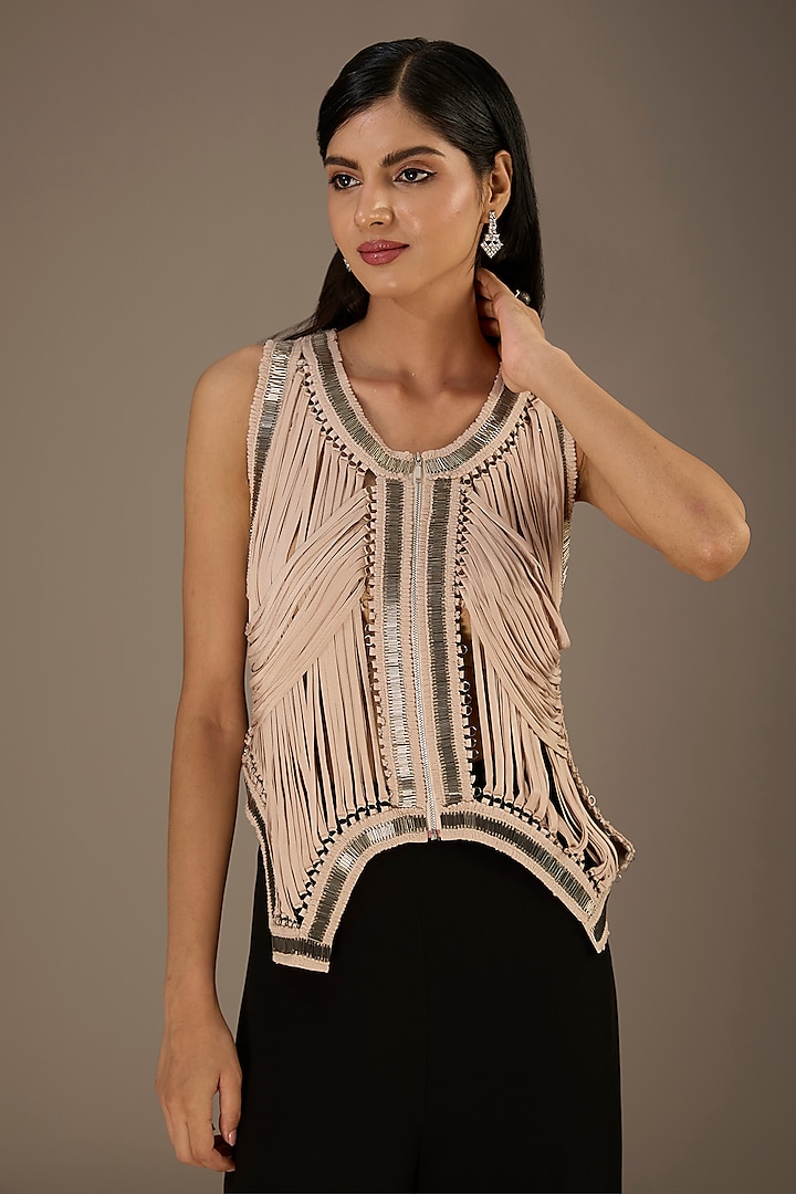 Beige Crepe Metallic Embellished Gilet Jacket by Rohit Gandhi & Rahul Khanna