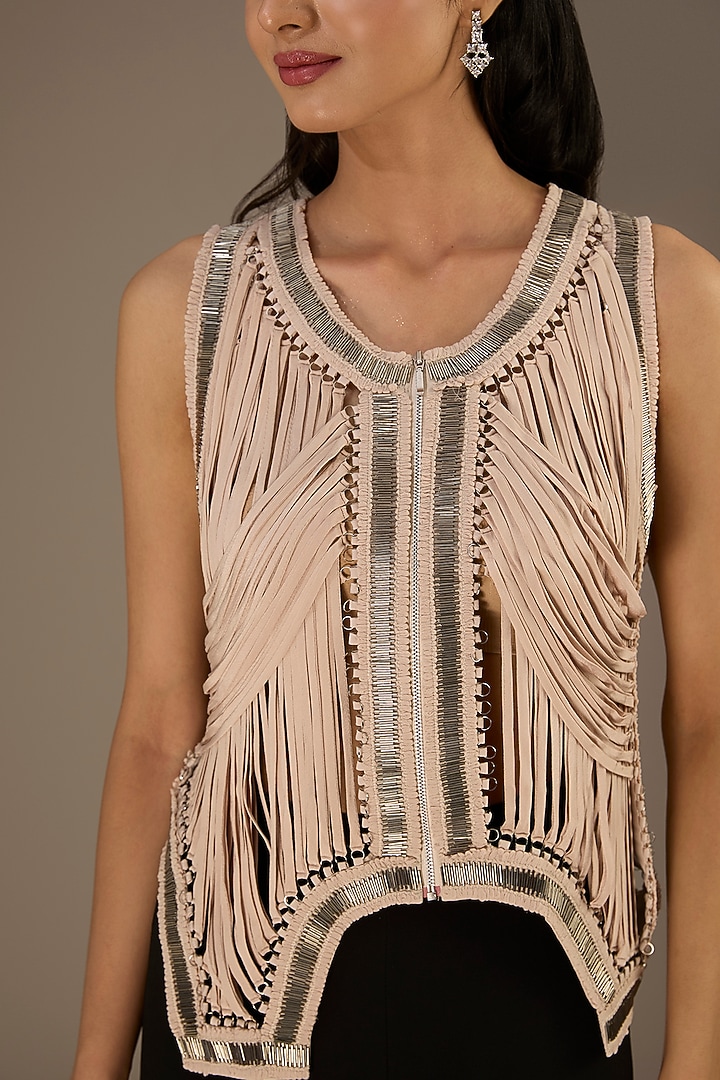 Beige Crepe Metallic Embellished Gilet Jacket by Rohit Gandhi & Rahul Khanna at Pernia's Pop Up Shop