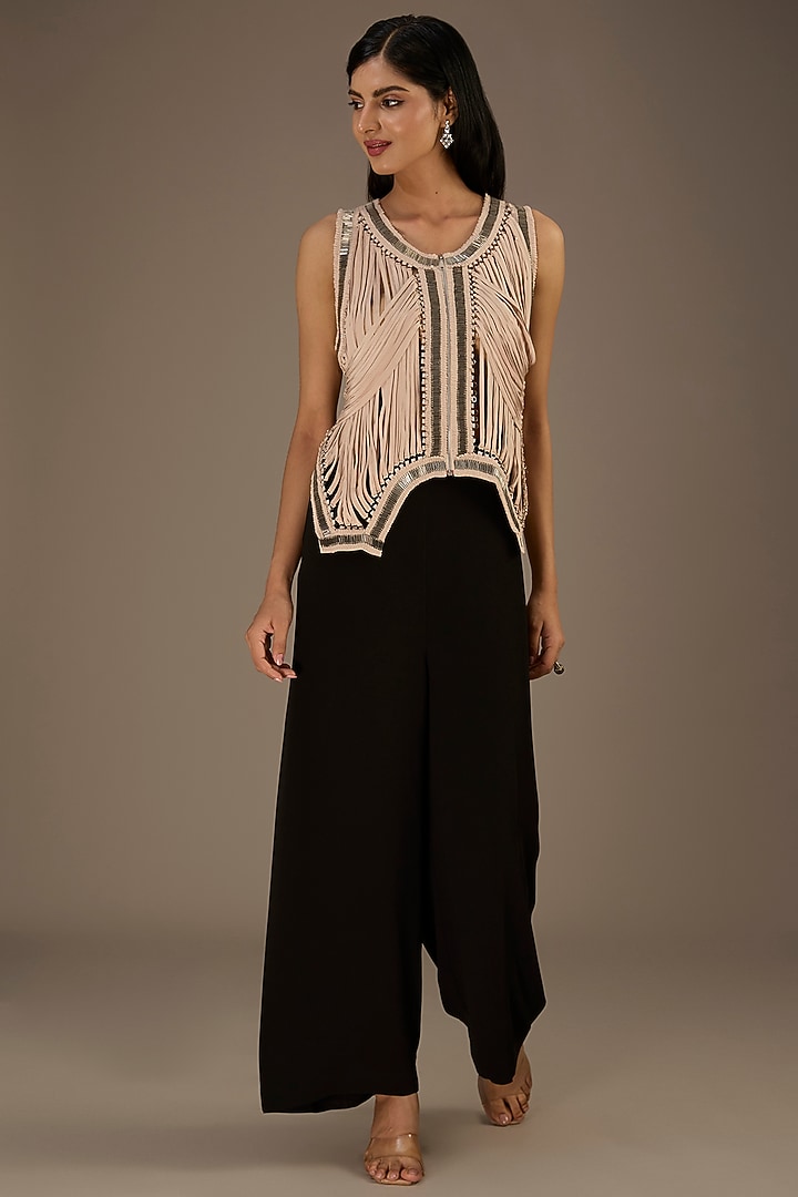 Beige Crepe Metallic Embellished Gilet Jacket by Rohit Gandhi & Rahul Khanna at Pernia's Pop Up Shop