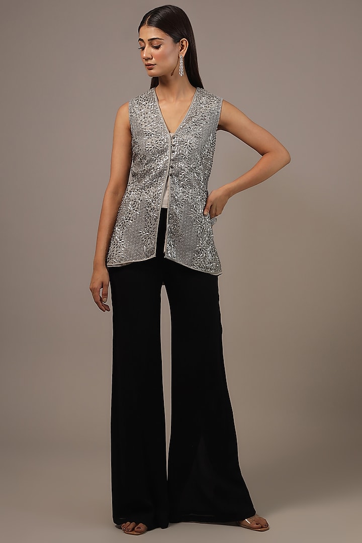 Silver Tulle Embellished Overlapped Jacket by Rohit Gandhi & Rahul Khanna at Pernia's Pop Up Shop