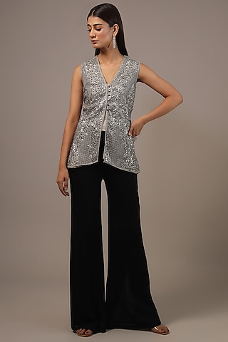 Silver Tulle Embellished Overlapped Jacket by Rohit Gandhi & Rahul Khanna