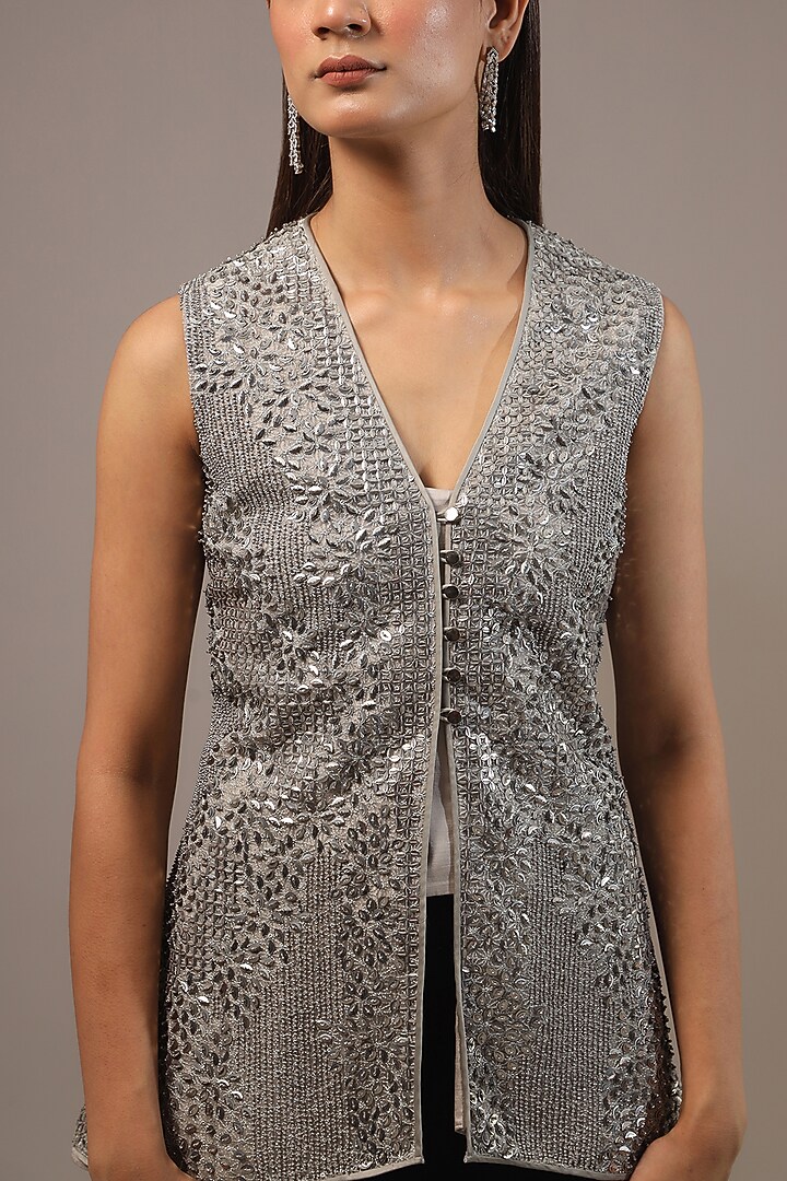 Silver Tulle Embellished Overlapped Jacket by Rohit Gandhi & Rahul Khanna at Pernia's Pop Up Shop