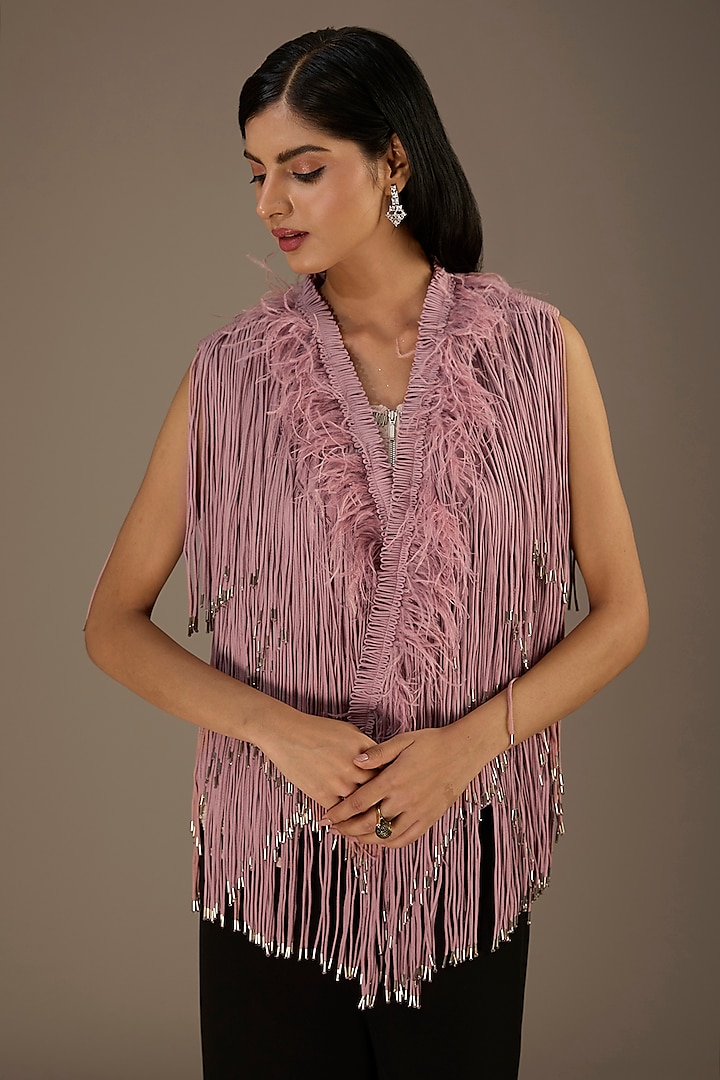 Pink Viscose Crepe Fringed Jacket by Rohit Gandhi & Rahul Khanna