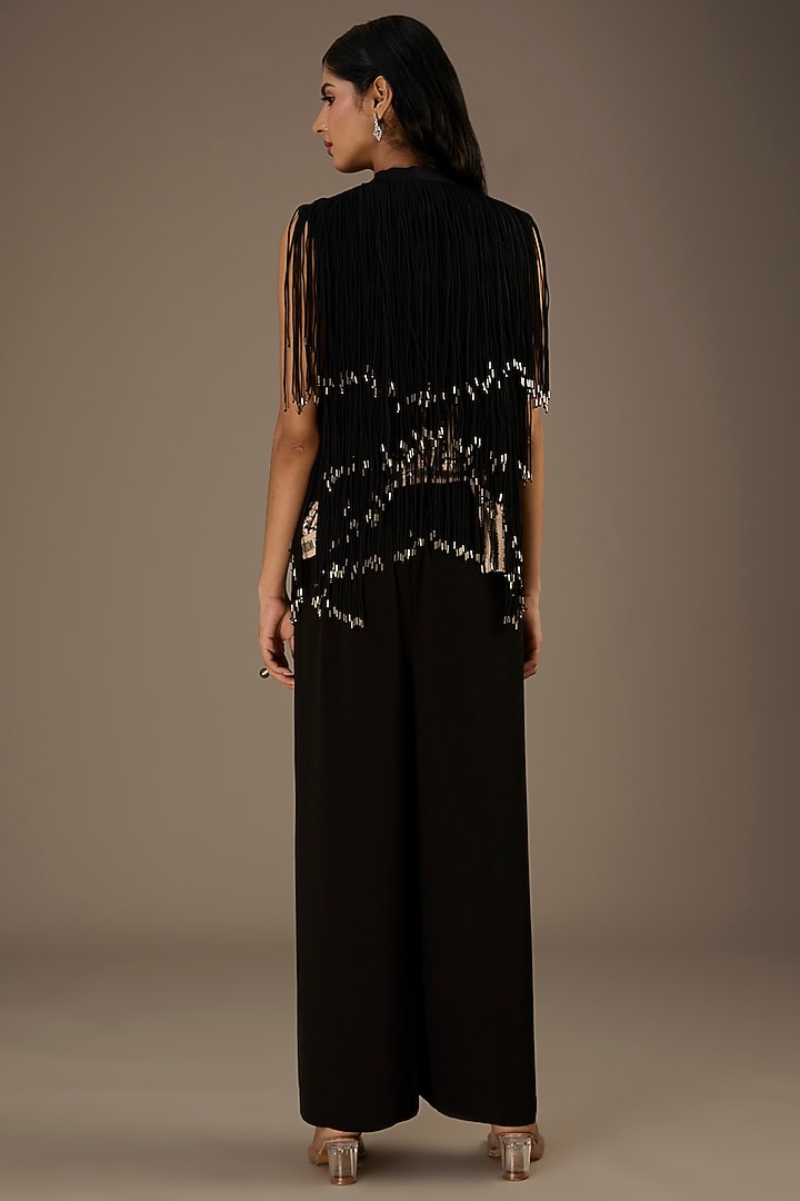 Black Crepe Tassels Handcrafted Jacket by Rohit Gandhi & Rahul Khanna at Pernia's Pop Up Shop