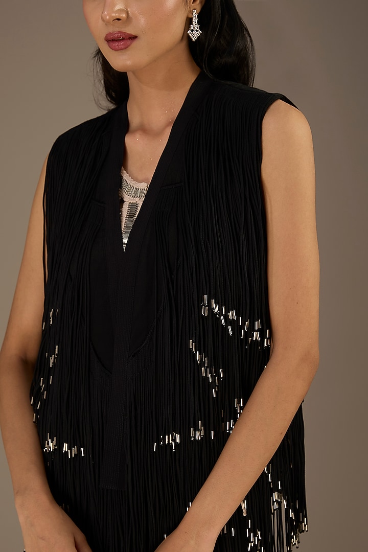 Black Crepe Tassels Handcrafted Jacket by Rohit Gandhi & Rahul Khanna at Pernia's Pop Up Shop