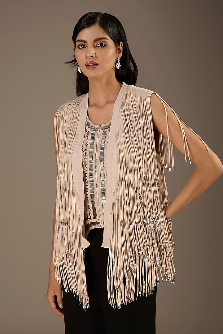 Beige Crepe Tassels Handcrafted Jacket by Rohit Gandhi & Rahul Khanna