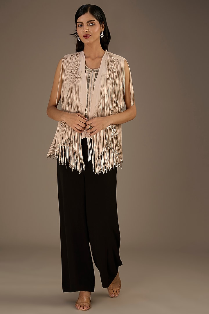Beige Crepe Tassels Handcrafted Jacket by Rohit Gandhi & Rahul Khanna at Pernia's Pop Up Shop