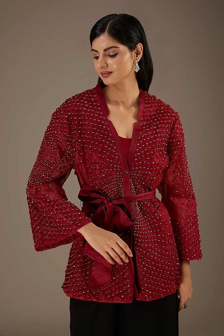 Maroon Organza Crystal Embroidered Jacket by Rohit Gandhi & Rahul Khanna