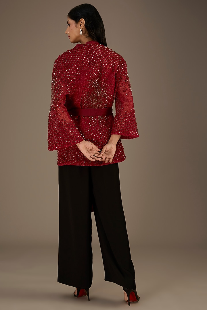 Maroon Organza Crystal Embroidered Jacket by Rohit Gandhi & Rahul Khanna at Pernia's Pop Up Shop