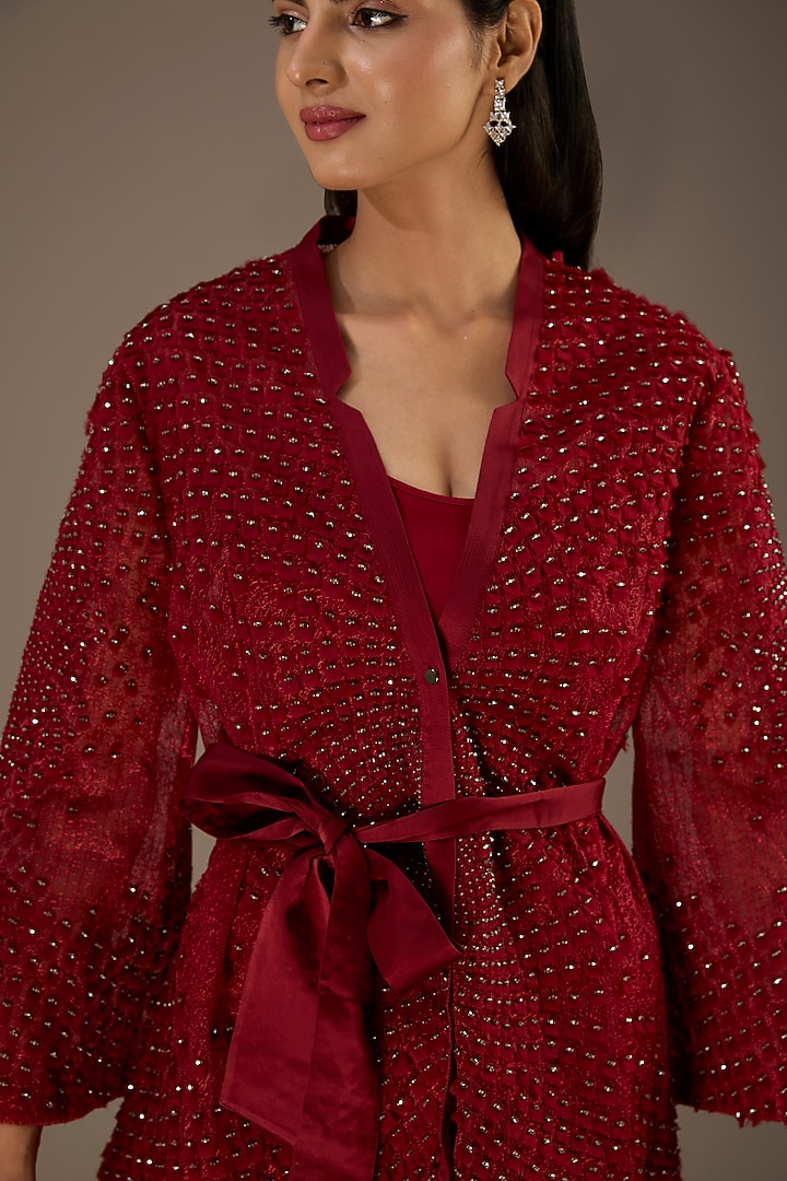 Maroon Organza Crystal Embroidered Jacket by Rohit Gandhi & Rahul Khanna at Pernia's Pop Up Shop