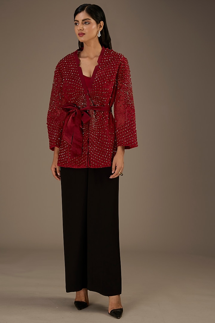 Maroon Organza Crystal Embroidered Jacket by Rohit Gandhi & Rahul Khanna at Pernia's Pop Up Shop