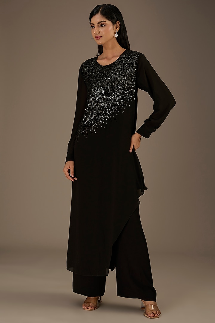 Black Poly Georgette Metallic Sequins Embellished Asymmetric Kurta Set by Rohit Gandhi & Rahul Khanna