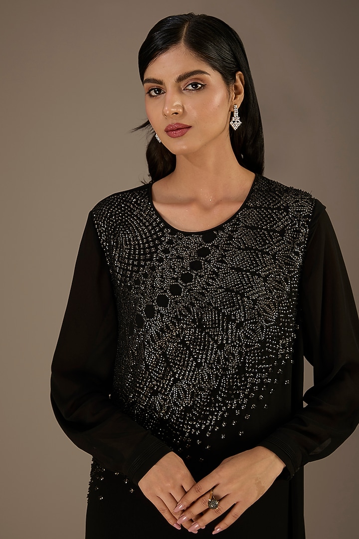 Black Poly Georgette Metallic Sequins Embellished Asymmetric Kurta Set by Rohit Gandhi & Rahul Khanna at Pernia's Pop Up Shop