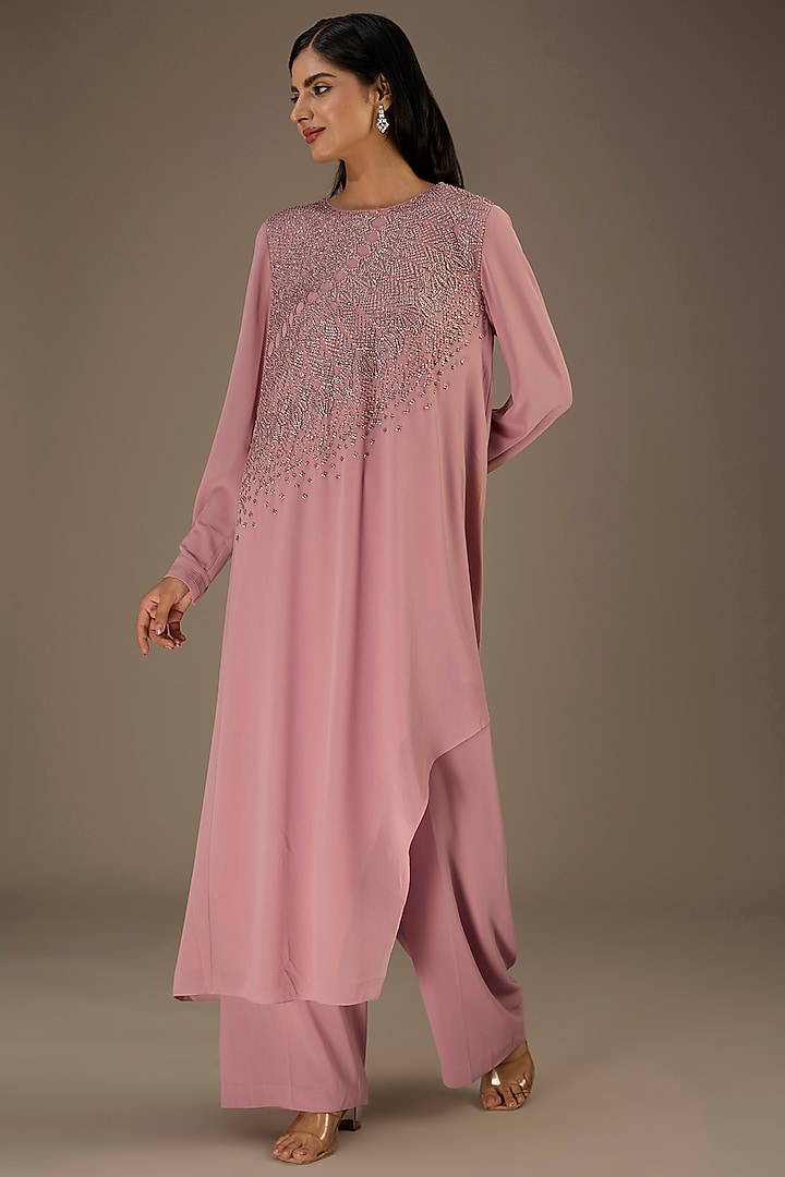 Light Pink Georgette Metallic Sequins Embellished Asymmetric Kurta Set by Rohit Gandhi & Rahul Khanna