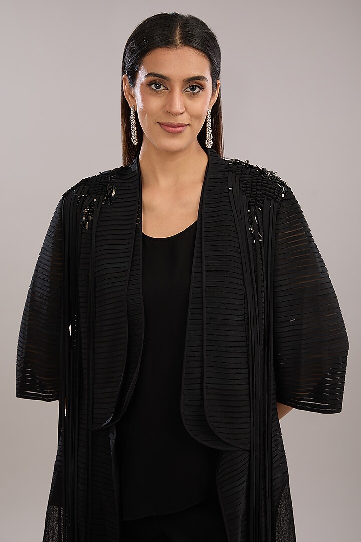 Black Crepe Embroidered Jacket by Rohit Gandhi & Rahul Khanna at Pernia's Pop Up Shop
