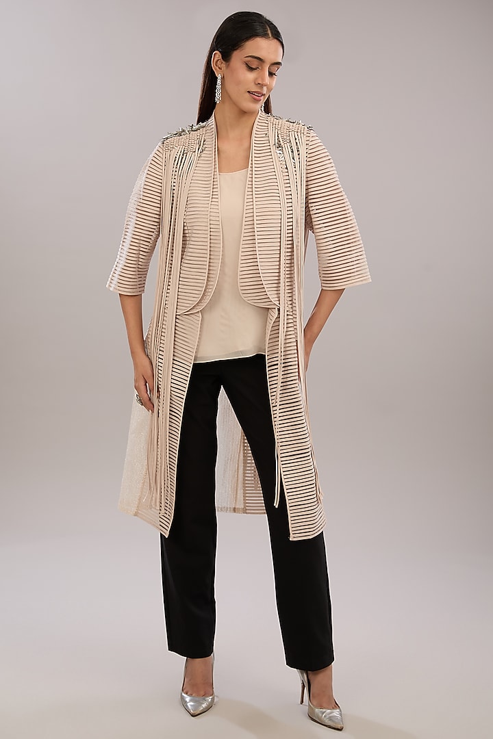 Beige Crepe Embroidered Jacket by Rohit Gandhi & Rahul Khanna