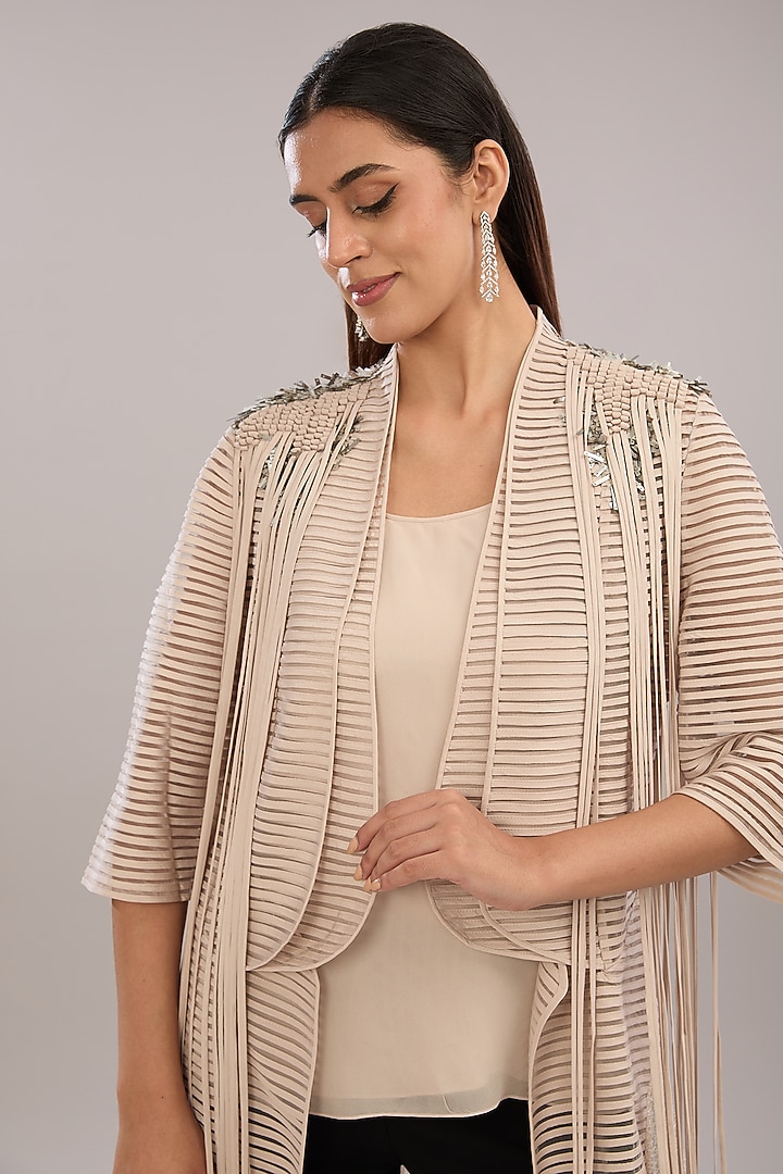 Beige Crepe Embroidered Jacket by Rohit Gandhi & Rahul Khanna at Pernia's Pop Up Shop
