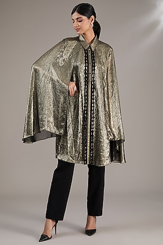Black Foiled Crinkled Chiffon Embroidered Kaftan by Rohit Gandhi & Rahul Khanna