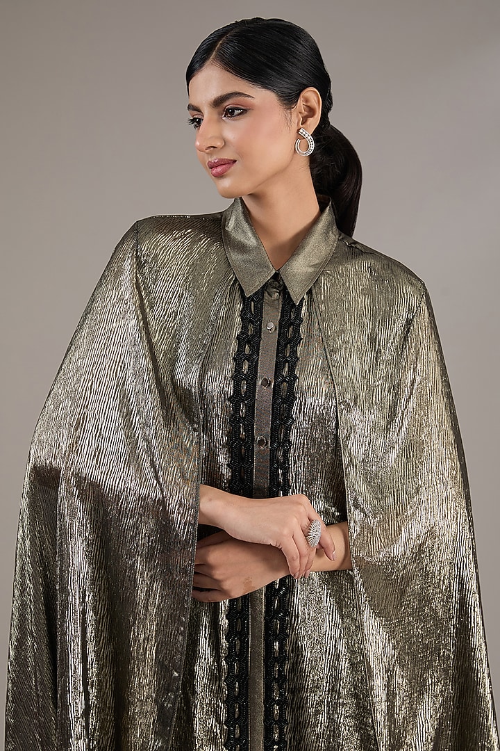 Black Foiled Crinkled Chiffon Embroidered Kaftan by Rohit Gandhi & Rahul Khanna at Pernia's Pop Up Shop
