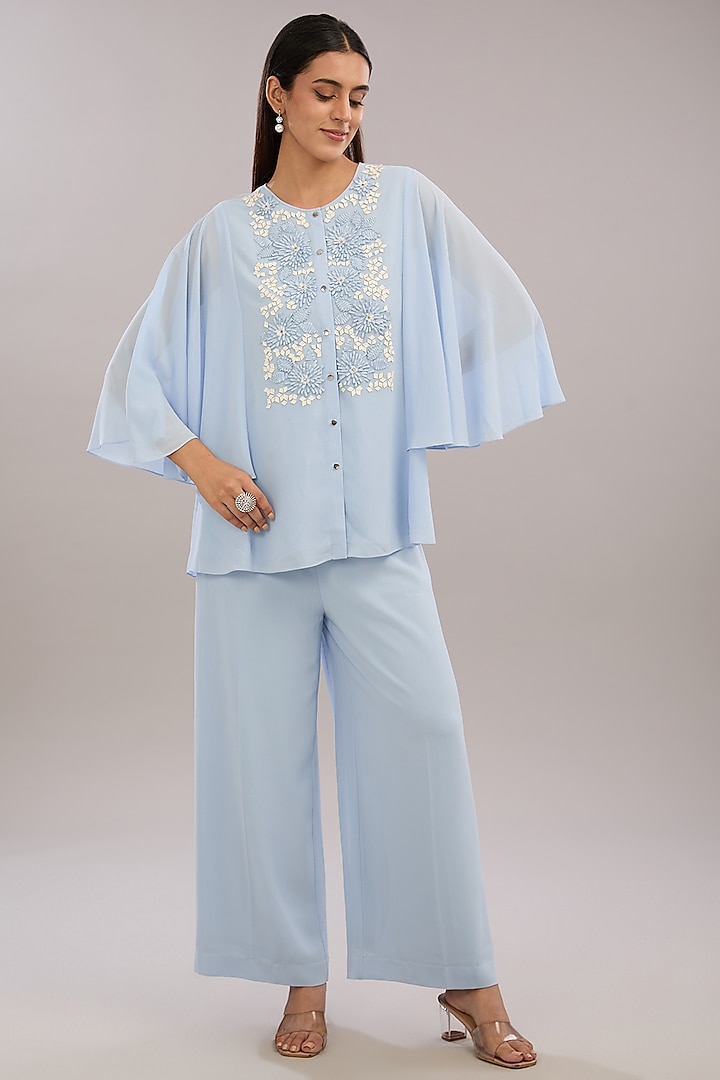 Ice Blue Georgette Applique Work Co-Ord Set by Rohit Gandhi & Rahul Khanna