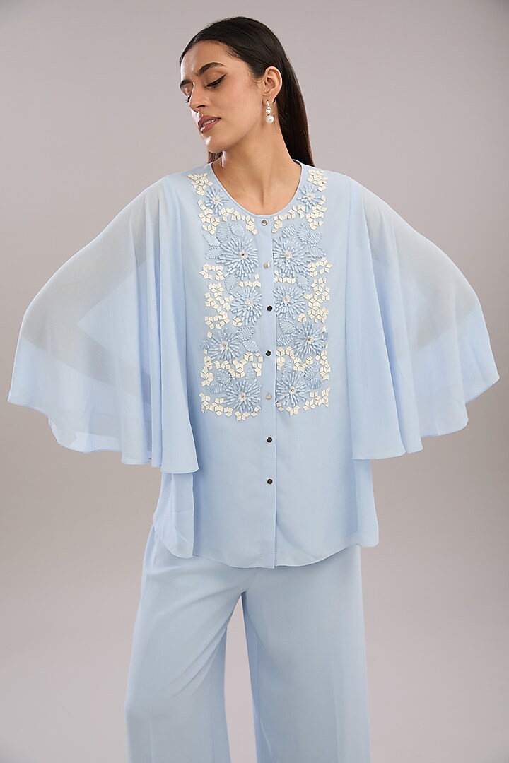 Ice Blue Georgette Applique Work Co-Ord Set by Rohit Gandhi & Rahul Khanna at Pernia's Pop Up Shop