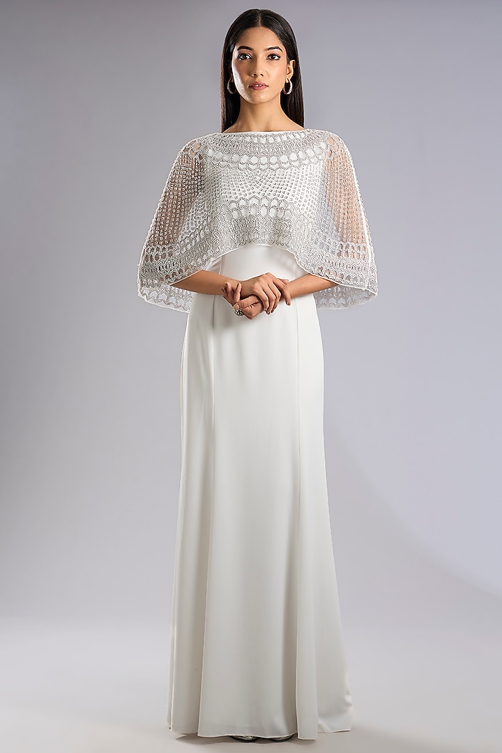 Ivory Suiting Beaded Maxi Cape Party Wear Dress by Rohit Gandhi & Rahul Khanna at Pernia's Pop Up Shop