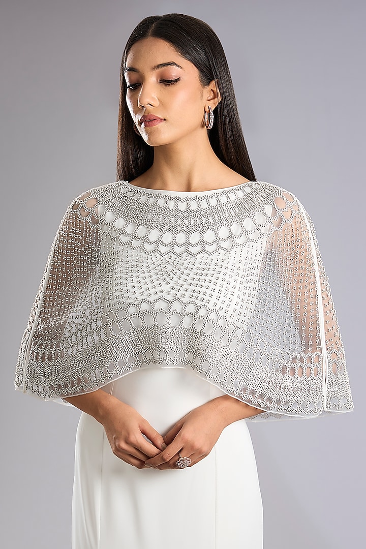 Ivory Suiting Beaded Maxi Cape Party Wear Dress by Rohit Gandhi & Rahul Khanna at Pernia's Pop Up Shop