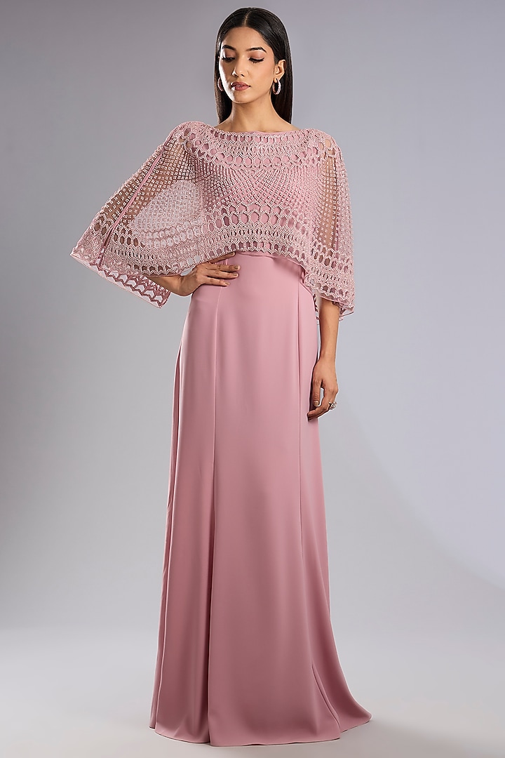 Swiss Rose Pink Suiting Beaded Maxi Party Wear Dress by Rohit Gandhi & Rahul Khanna at Pernia's Pop Up Shop