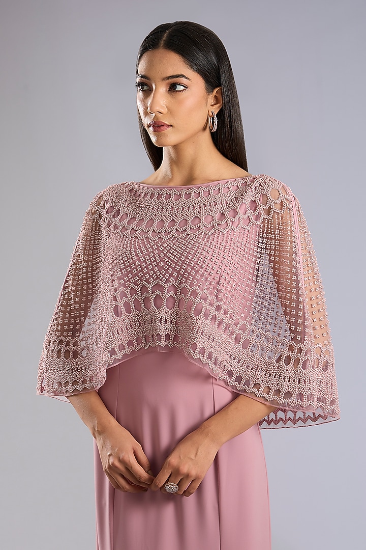Swiss Rose Pink Suiting Beaded Maxi Party Wear Dress by Rohit Gandhi & Rahul Khanna at Pernia's Pop Up Shop