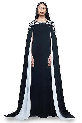 Black Viscose Flowy Beads Embroidered Kaftan Dress by Rohit Gandhi & Rahul Khanna