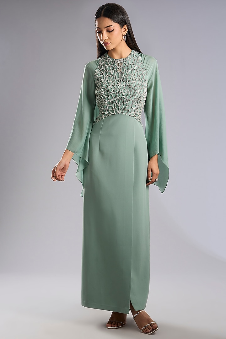 Grey Crepe Maxi Slit Cocktail Dress by Rohit Gandhi & Rahul Khanna at Pernia's Pop Up Shop