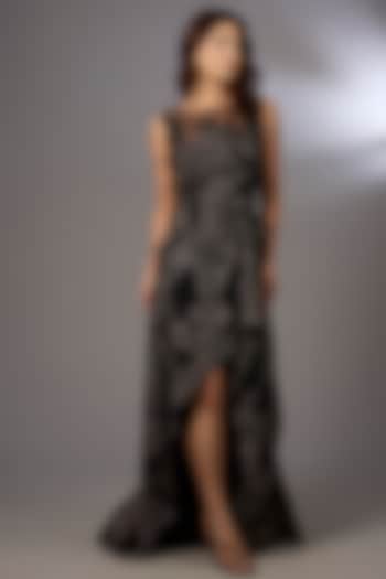Black Tulle Floral Embroidered Asymmetrical Flared Party Wear Dress by Rohit Gandhi & Rahul Khanna at Pernia's Pop Up Shop