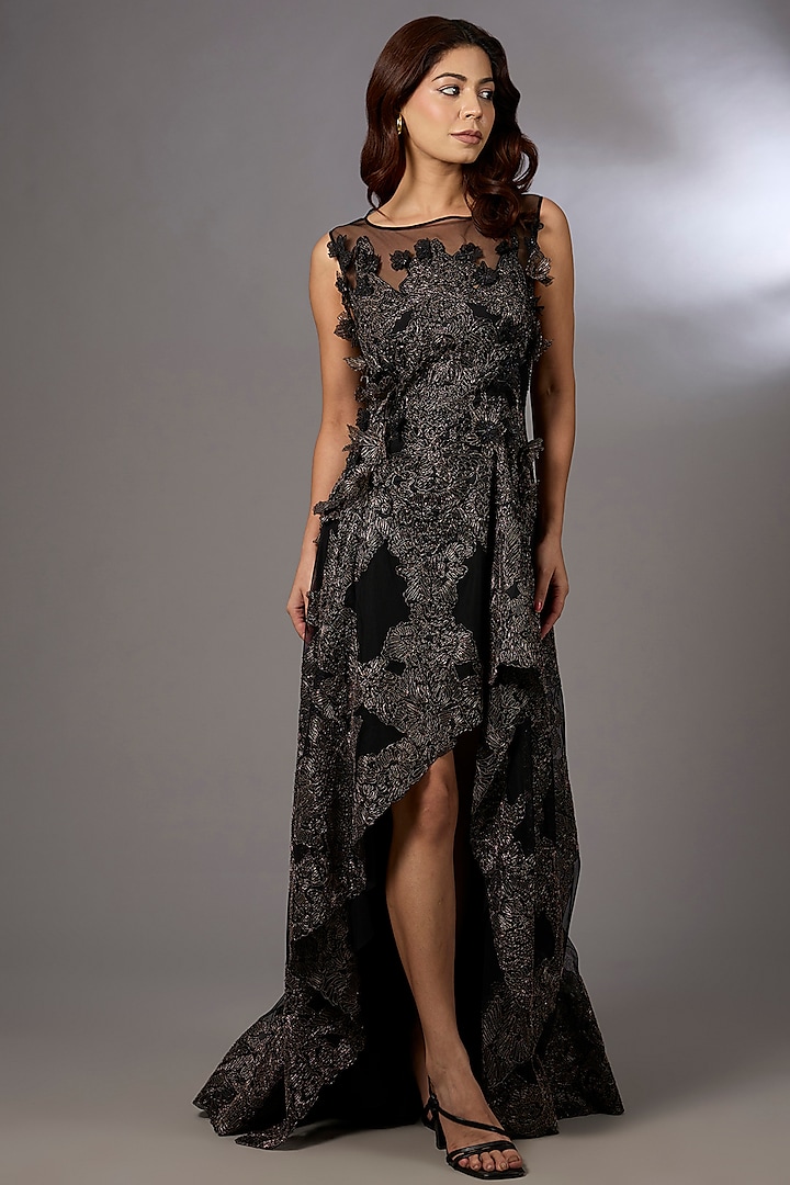 Black Tulle Floral Embroidered Asymmetrical Flared Party Wear Dress by Rohit Gandhi & Rahul Khanna at Pernia's Pop Up Shop