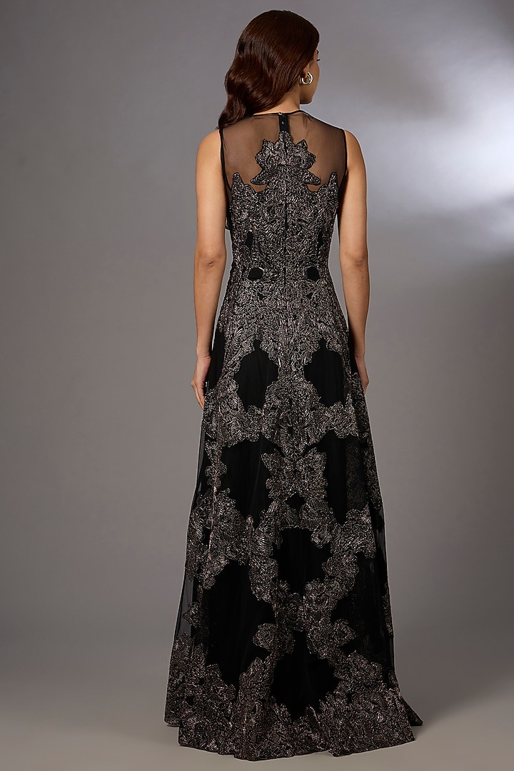 Black Tulle Floral Embroidered Asymmetrical Flared Party Wear Dress by Rohit Gandhi & Rahul Khanna at Pernia's Pop Up Shop