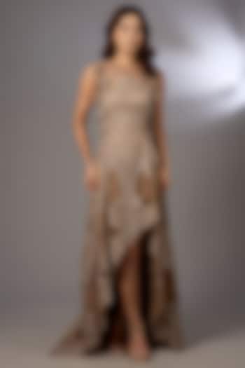 Gold Tulle Floral Embroidered Asymmetrical Flared Party Wear Dress by Rohit Gandhi & Rahul Khanna at Pernia's Pop Up Shop