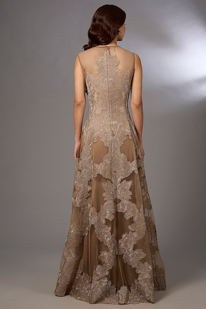 Gold Tulle Floral Embroidered Asymmetrical Flared Party Wear Dress by Rohit Gandhi & Rahul Khanna at Pernia's Pop Up Shop